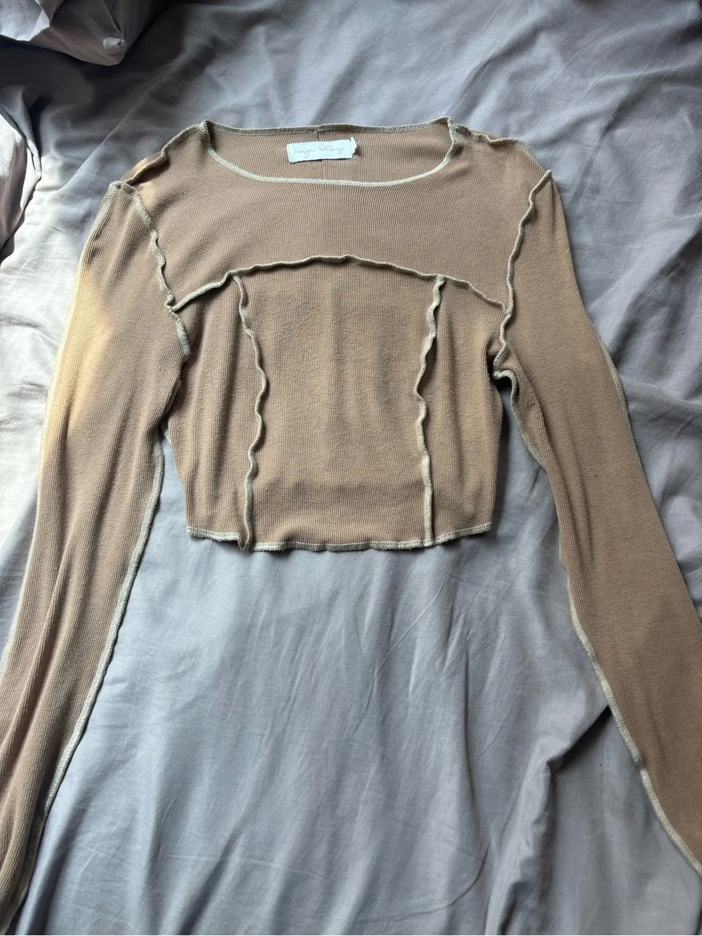Beige Long-Sleeve Crop Top - Picture 5 of 6